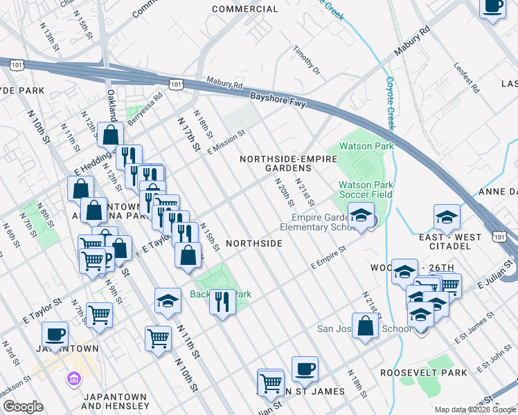 map of restaurants, bars, coffee shops, grocery stores, and more near 651 North 18th Street in San Jose