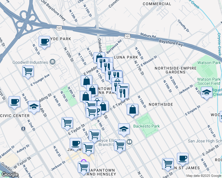 map of restaurants, bars, coffee shops, grocery stores, and more near 775 North 12th Street in San Jose