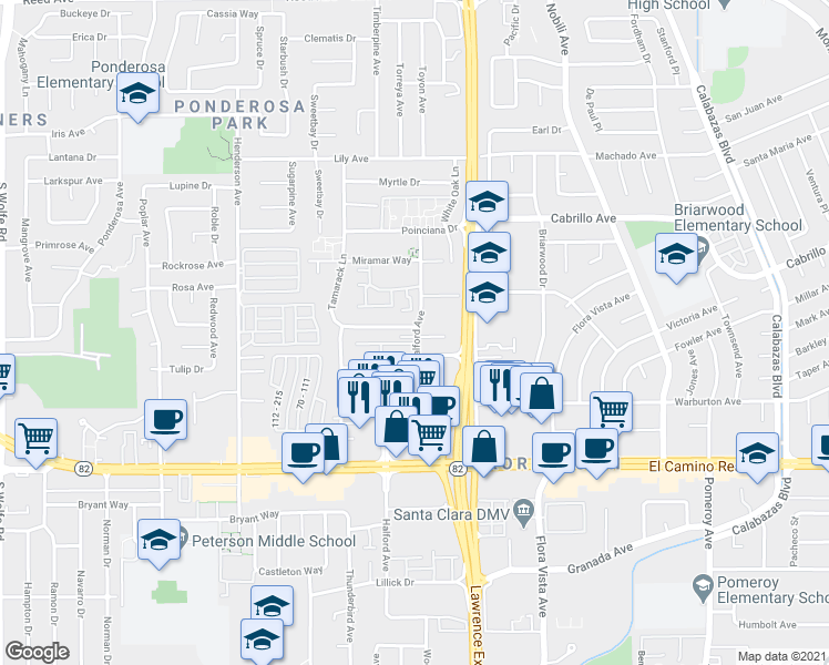 map of restaurants, bars, coffee shops, grocery stores, and more near in Santa Clara