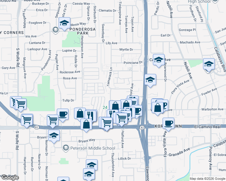 map of restaurants, bars, coffee shops, grocery stores, and more near 966 Helen Avenue in Sunnyvale