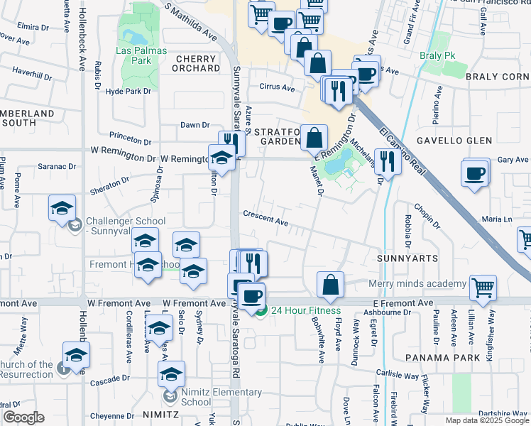 map of restaurants, bars, coffee shops, grocery stores, and more near 148 Crescent Avenue in Sunnyvale