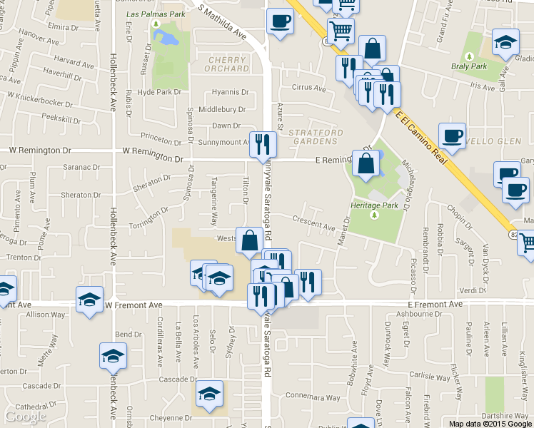 map of restaurants, bars, coffee shops, grocery stores, and more near in Sunnyvale