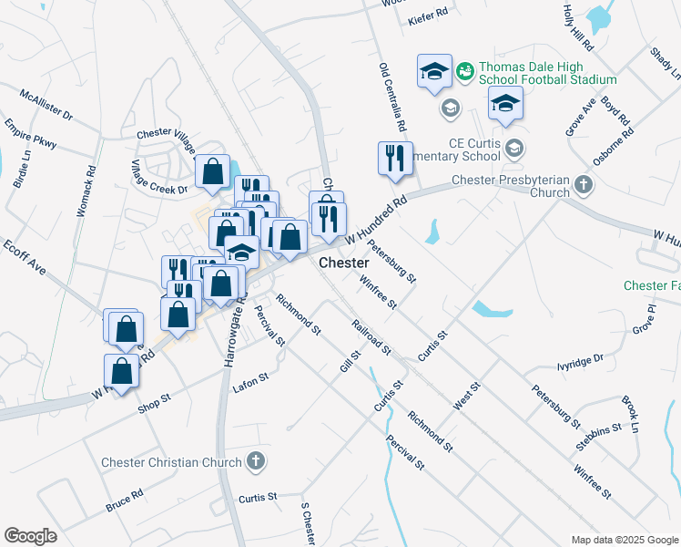 map of restaurants, bars, coffee shops, grocery stores, and more near in Chester