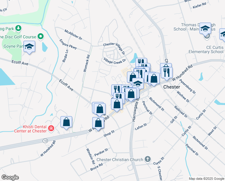 map of restaurants, bars, coffee shops, grocery stores, and more near 4516 Lee Street in Chester