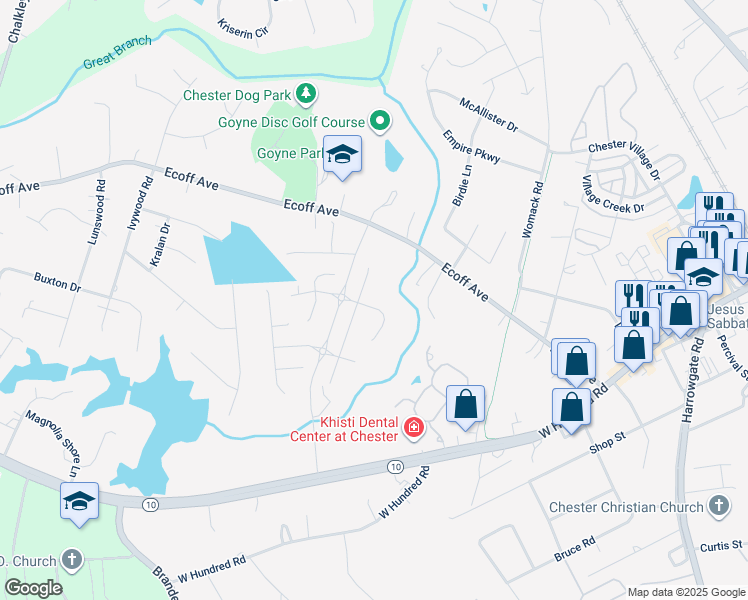map of restaurants, bars, coffee shops, grocery stores, and more near 5034 Berkley Mill Drive in Chester