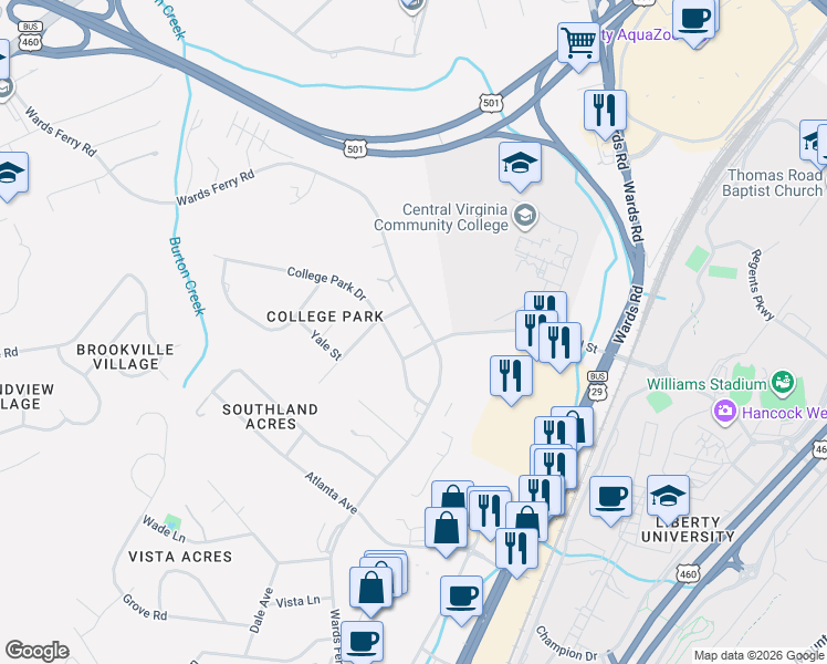 map of restaurants, bars, coffee shops, grocery stores, and more near 200 College Park Drive in Lynchburg