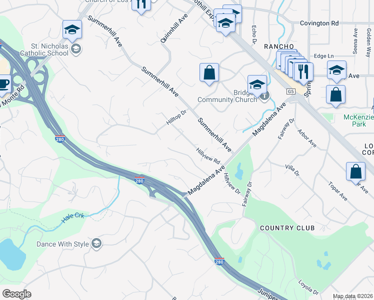 map of restaurants, bars, coffee shops, grocery stores, and more near 24150 Hillview Road in Los Altos Hills