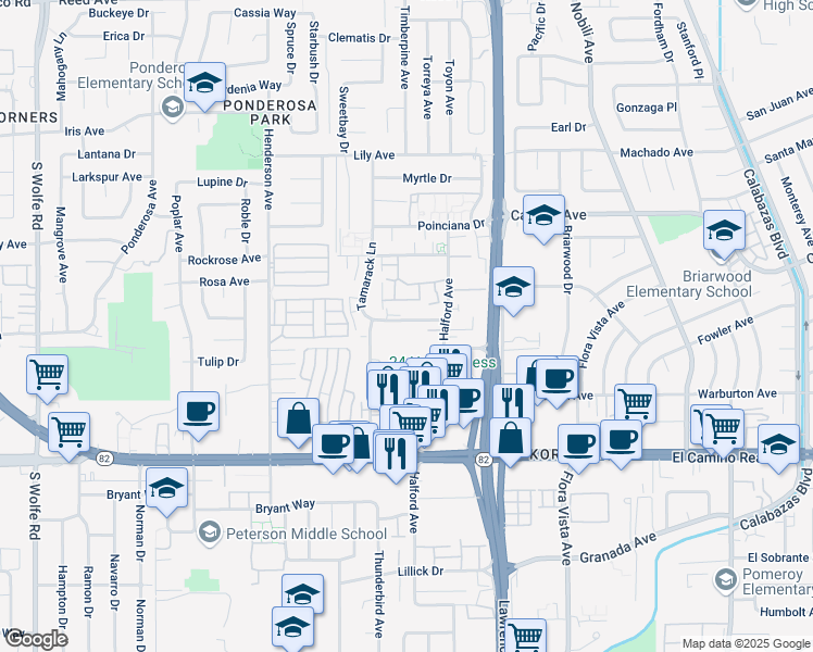 map of restaurants, bars, coffee shops, grocery stores, and more near 3760 Tamarack Lane in Santa Clara