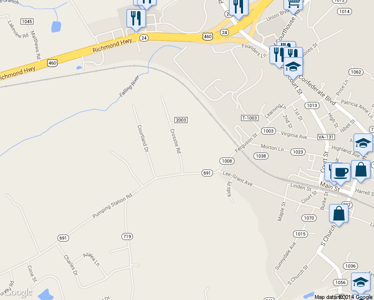 map of restaurants, bars, coffee shops, grocery stores, and more near 208 Crosstie Road in Appomattox