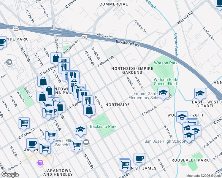 map of restaurants, bars, coffee shops, grocery stores, and more near 675 North 17th Street in San Jose