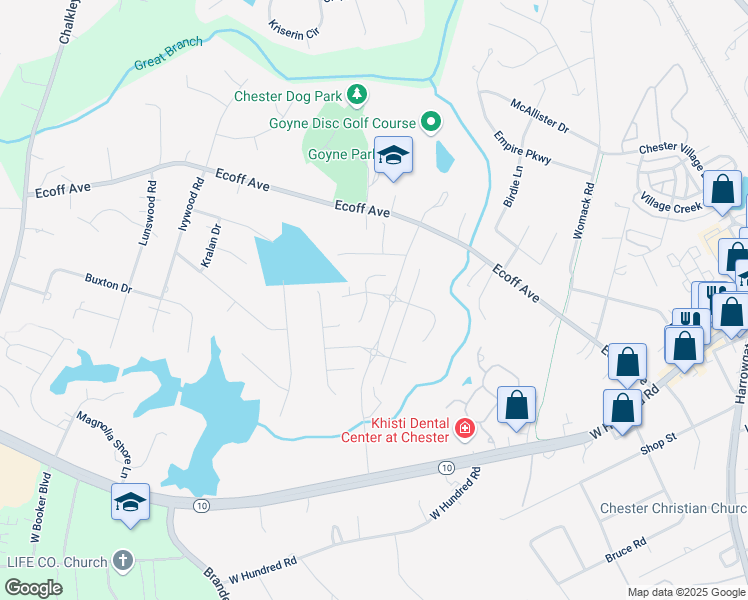 map of restaurants, bars, coffee shops, grocery stores, and more near 11501 Dunmore Mill Terrace in Chester