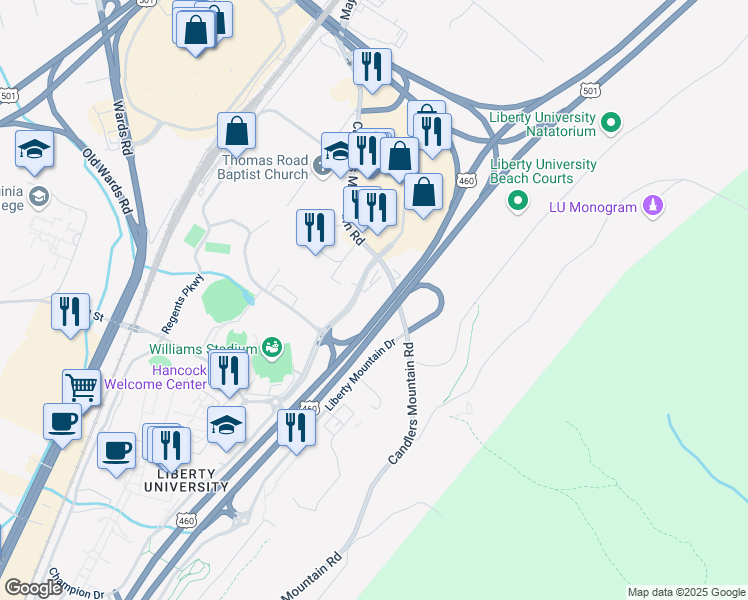 map of restaurants, bars, coffee shops, grocery stores, and more near 1910 University Boulevard in Lynchburg