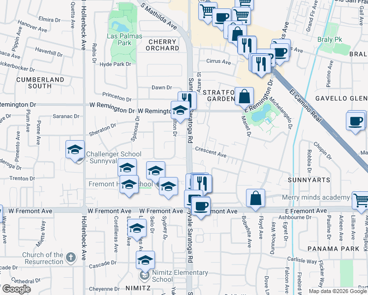 map of restaurants, bars, coffee shops, grocery stores, and more near 1150 Tilton Drive in Sunnyvale