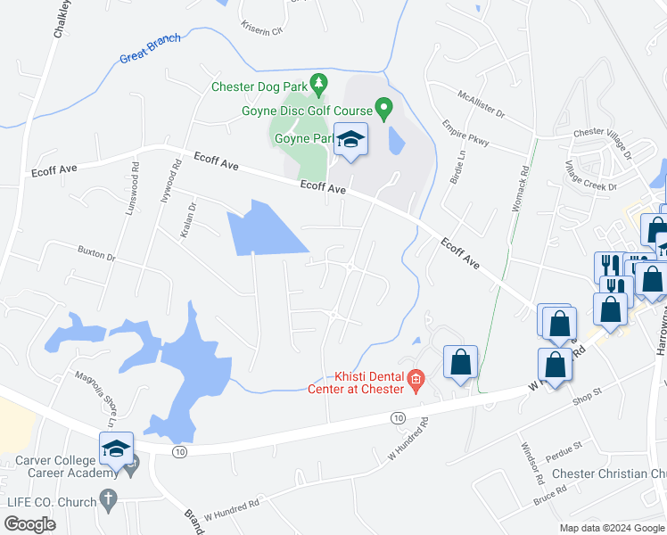 map of restaurants, bars, coffee shops, grocery stores, and more near 11501 Dunmore Mill Terrace in Chester