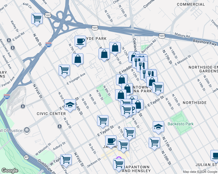 map of restaurants, bars, coffee shops, grocery stores, and more near 862 Sakura Drive in San Jose