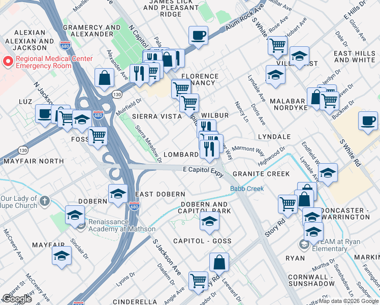 map of restaurants, bars, coffee shops, grocery stores, and more near 2622 Lombard Avenue in San Jose