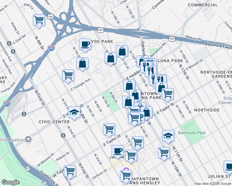 map of restaurants, bars, coffee shops, grocery stores, and more near 862 Sakura Drive in San Jose