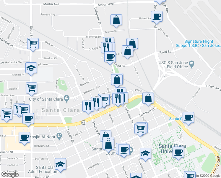 map of restaurants, bars, coffee shops, grocery stores, and more near 1008 Reeve Street in Santa Clara