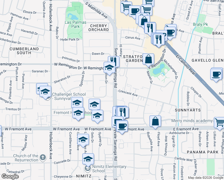 map of restaurants, bars, coffee shops, grocery stores, and more near in Sunnyvale