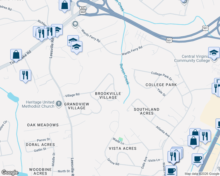 map of restaurants, bars, coffee shops, grocery stores, and more near 106 Stonehouse Drive in Lynchburg