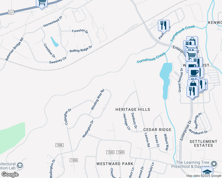 map of restaurants, bars, coffee shops, grocery stores, and more near 535 Winding Way Road in Lynchburg