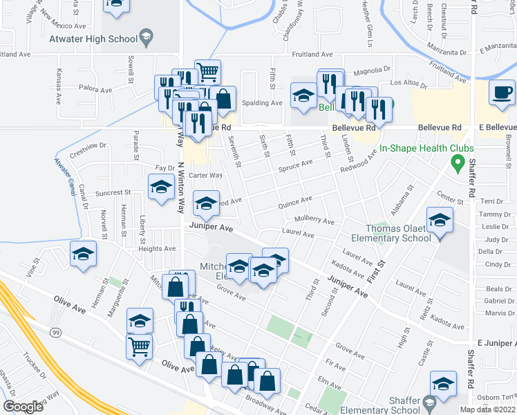 map of restaurants, bars, coffee shops, grocery stores, and more near 1591 Quince Avenue in Atwater