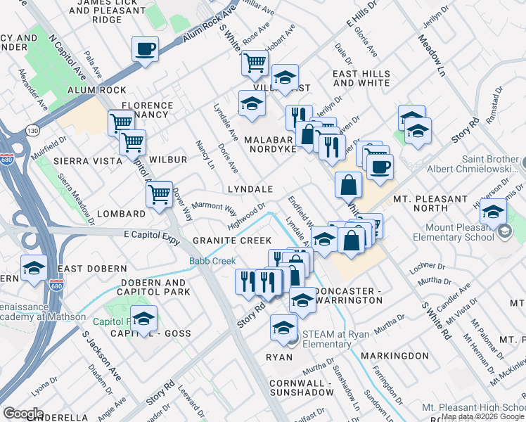 map of restaurants, bars, coffee shops, grocery stores, and more near 2873 Granite Creek Place in San Jose