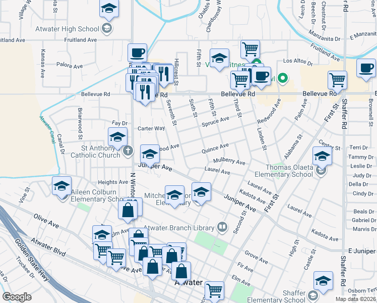 map of restaurants, bars, coffee shops, grocery stores, and more near 1591 Quince Avenue in Atwater
