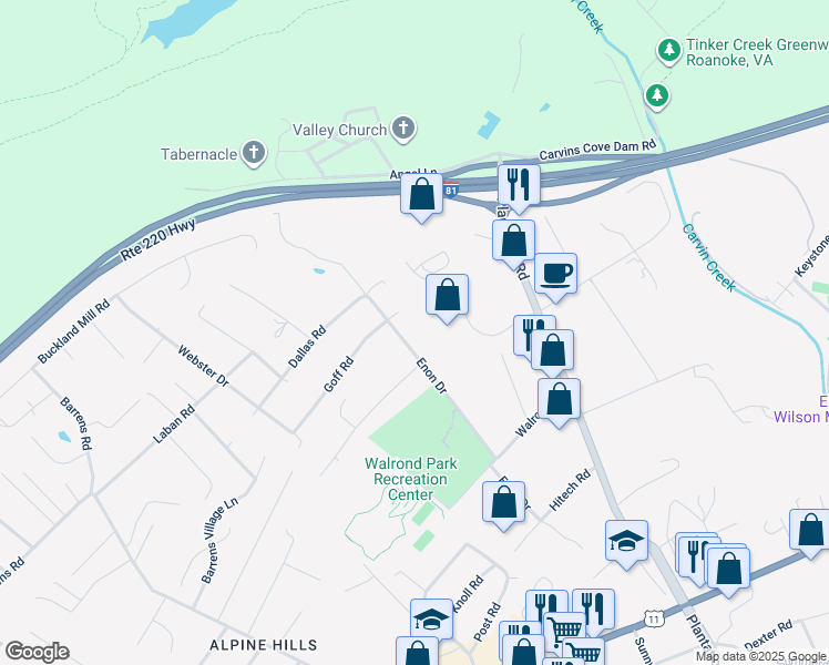 map of restaurants, bars, coffee shops, grocery stores, and more near 7921 Enon Drive in Hollins