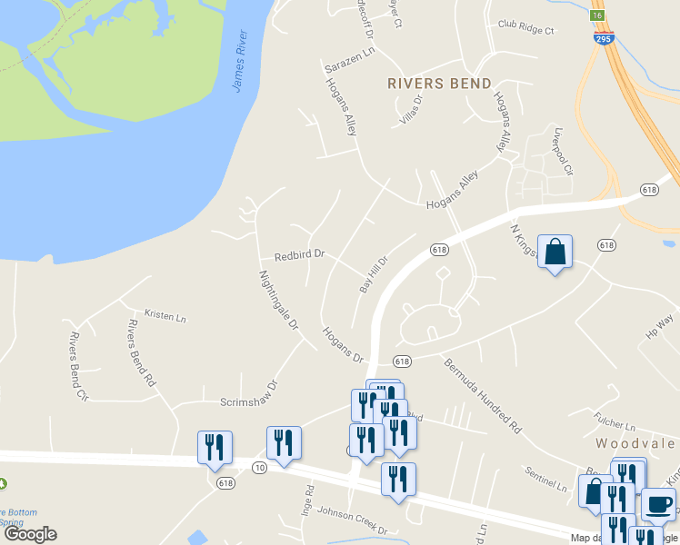 map of restaurants, bars, coffee shops, grocery stores, and more near 301 Redbird Drive in Chester
