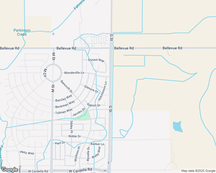map of restaurants, bars, coffee shops, grocery stores, and more near 21 Barrows Court in Merced