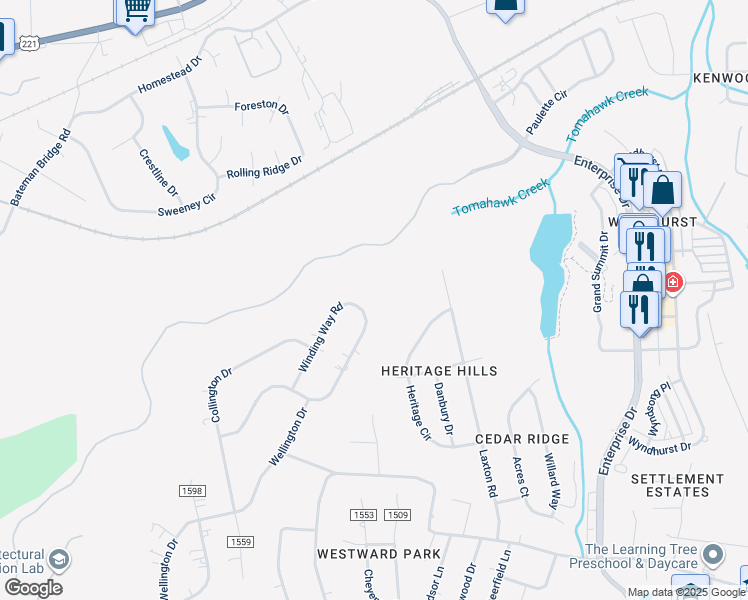 map of restaurants, bars, coffee shops, grocery stores, and more near 555 Winding Way Road in Lynchburg