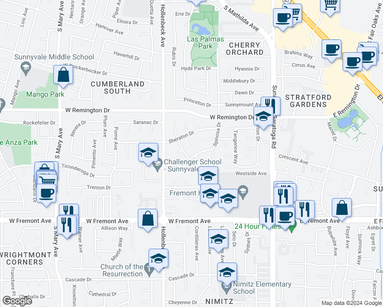 map of restaurants, bars, coffee shops, grocery stores, and more near 659 Torrington Drive in Sunnyvale