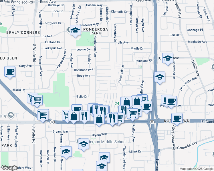 map of restaurants, bars, coffee shops, grocery stores, and more near 954 Henderson Avenue in Sunnyvale