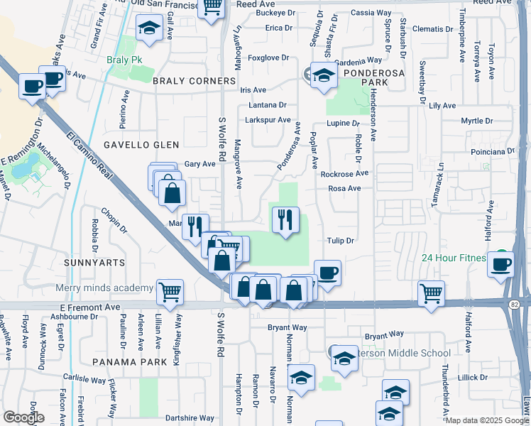 map of restaurants, bars, coffee shops, grocery stores, and more near 994 Ponderosa Avenue in Sunnyvale