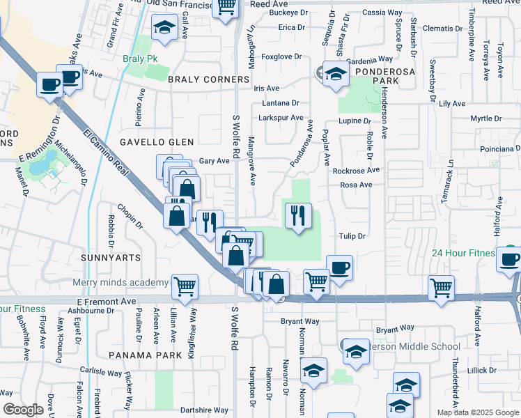 map of restaurants, bars, coffee shops, grocery stores, and more near 916 Maria Lane in Sunnyvale