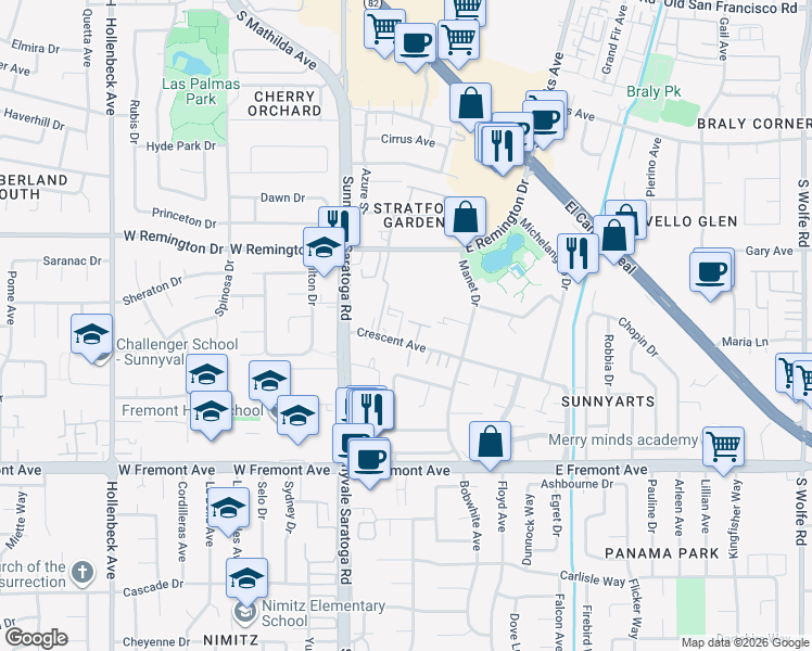 map of restaurants, bars, coffee shops, grocery stores, and more near 421 Crescent Avenue in Sunnyvale