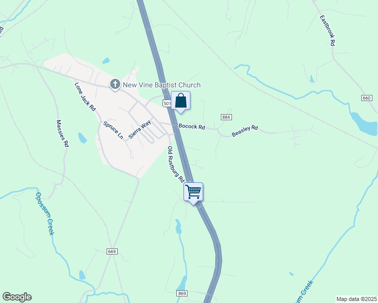 map of restaurants, bars, coffee shops, grocery stores, and more near 5797-5901 Campbell Highway in Lynchburg