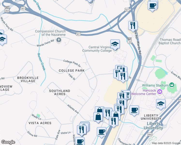 map of restaurants, bars, coffee shops, grocery stores, and more near 200 College Park Drive in Lynchburg