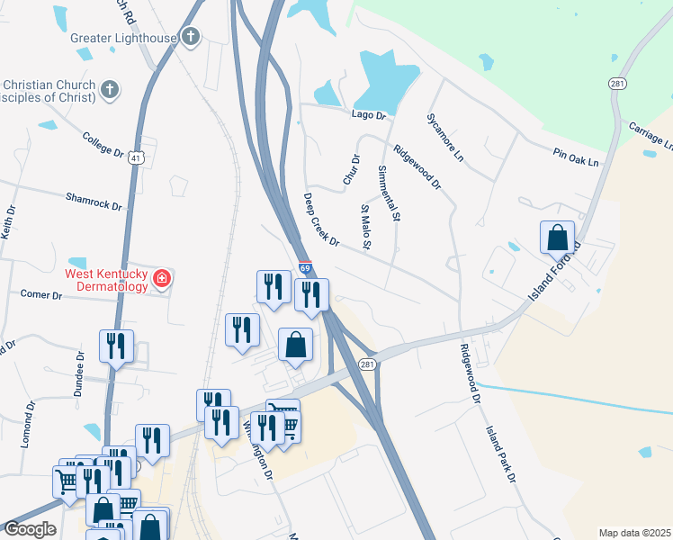 map of restaurants, bars, coffee shops, grocery stores, and more near Cornwall Drive in Madisonville