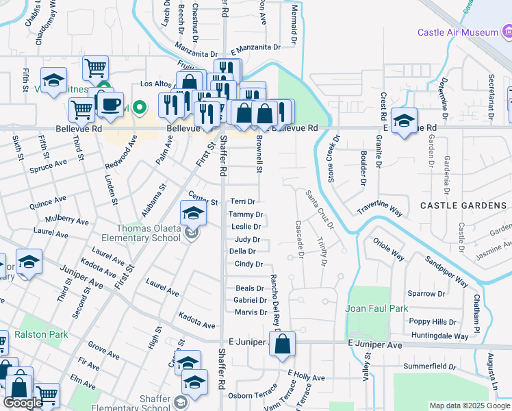 map of restaurants, bars, coffee shops, grocery stores, and more near 352 Terri Drive in Atwater