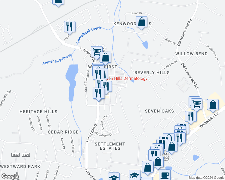 map of restaurants, bars, coffee shops, grocery stores, and more near 601 Wyndhurst Drive in Lynchburg