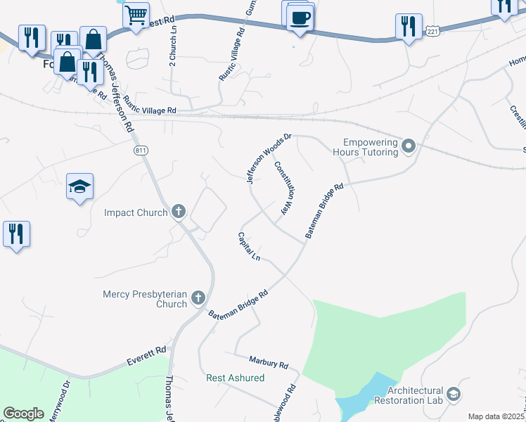 map of restaurants, bars, coffee shops, grocery stores, and more near 600 Jefferson Woods Drive in Forest
