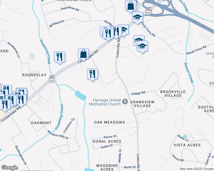 map of restaurants, bars, coffee shops, grocery stores, and more near 542 Leesville Road in Lynchburg