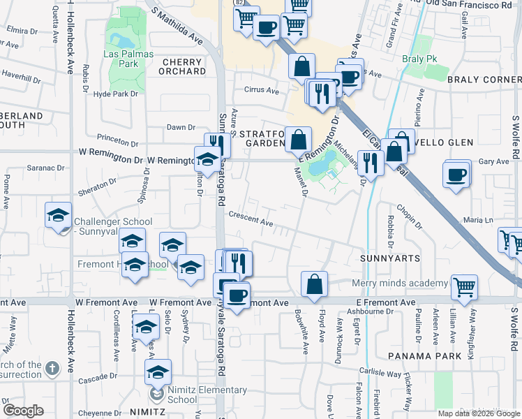 map of restaurants, bars, coffee shops, grocery stores, and more near 421 Crescent Avenue in Sunnyvale