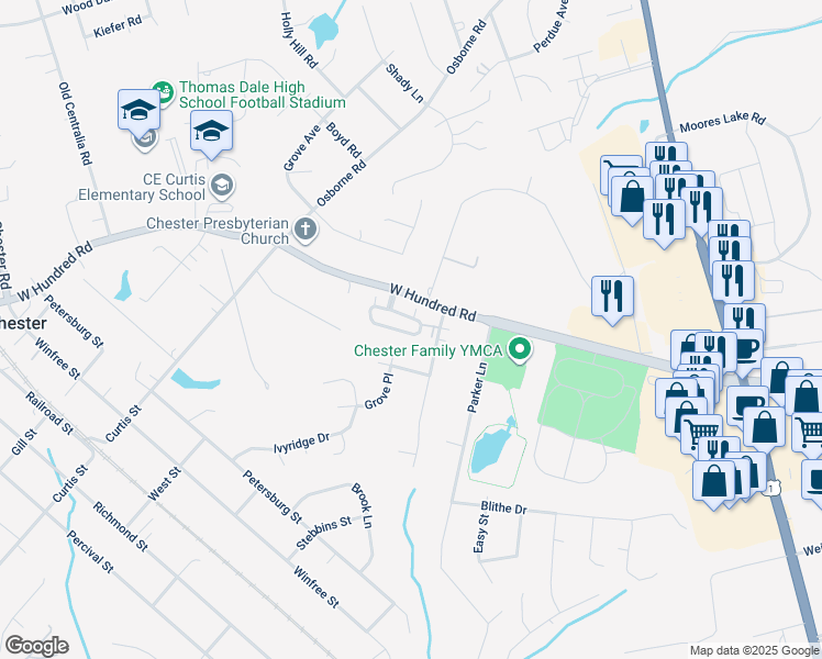map of restaurants, bars, coffee shops, grocery stores, and more near 3327 Stone Manor Circle in Chester