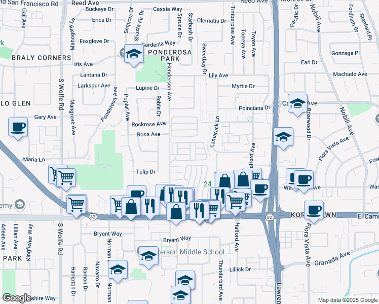 map of restaurants, bars, coffee shops, grocery stores, and more near 954 Henderson Avenue in Sunnyvale
