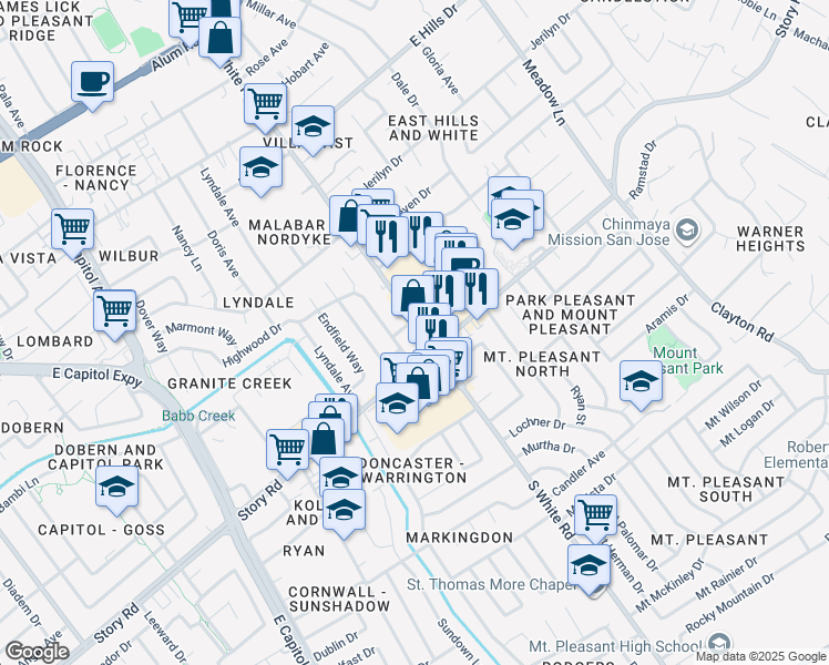 map of restaurants, bars, coffee shops, grocery stores, and more near in San Jose