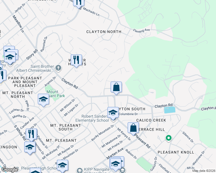 map of restaurants, bars, coffee shops, grocery stores, and more near 1562 Clayton Road in San Jose