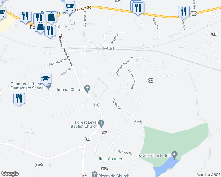 map of restaurants, bars, coffee shops, grocery stores, and more near 1185 Jefferson Way in Forest
